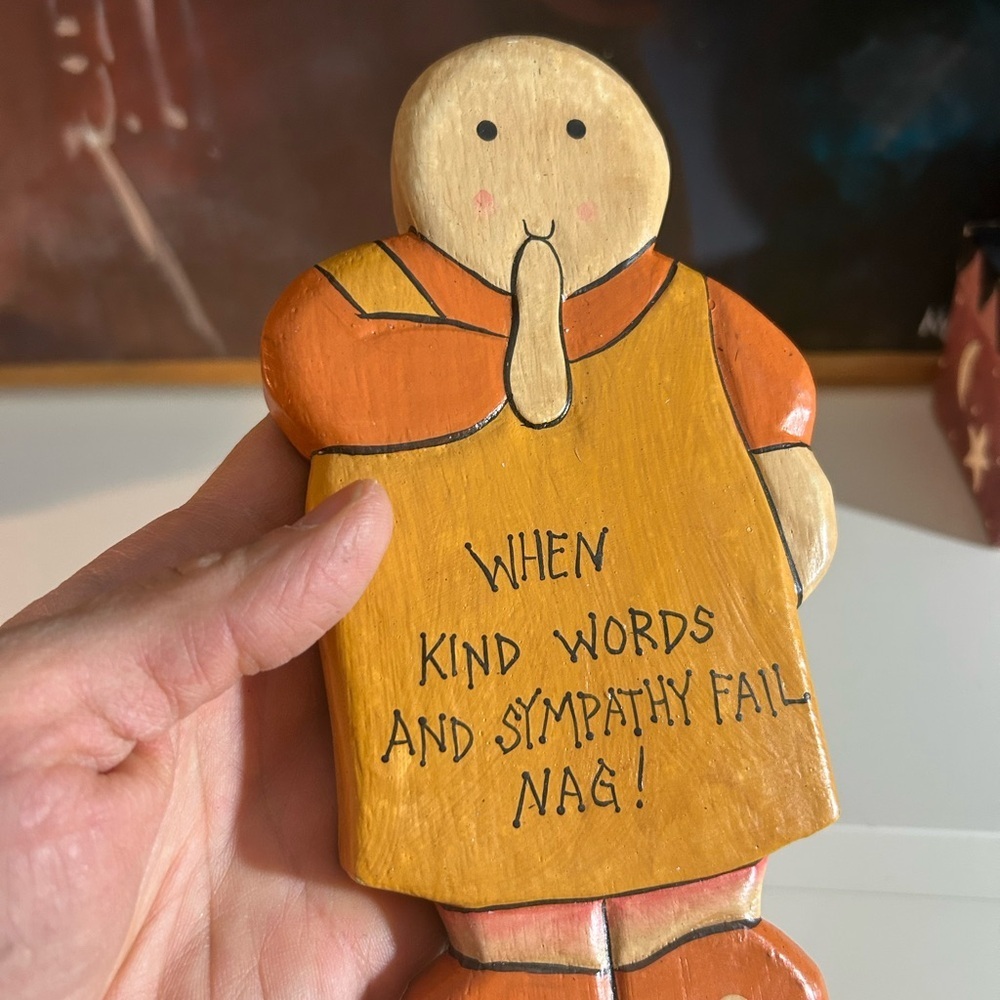 Handcrafted Colorful Wooden Figurine with Humorous Quote Made In Indonesia